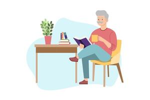 een ouderen Mens zittend in een fauteuil en lezing een boek. vector illustratie. rust uit, een aangenaam tijdverdrijf.
