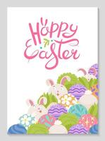 gelukkig Pasen poster met patroon konijn en kleurrijk Pasen eieren. hand- getrokken tekening en belettering. volk stijl ontwerp. sier- maas schubben. feestelijk achtergrond voor uitnodigingen. vector illustratie.