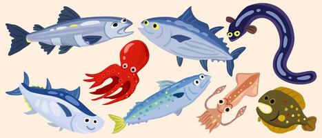 vector schattig reeks van marinier dieren. Zalm, bonito, zoetwater aal, tonijn, Octopus, makreel, inktvis, bot