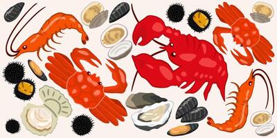 vector reeks van marinier dieren. garnalen, krabben, kreeft, mossel, oester, zee egel, coquille, mossel