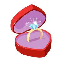hand- getrokken vector illustratie van een verloving ring in een hart vormig geschenk doos. kleur tekening schetsen van een diamant ring