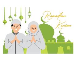 moslim paar wensen u een gelukkig Ramadhan kareem of eid al fitr groet vector