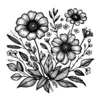 reeks van bloemen hand- getrokken stijl. bloem roos, pioen, bladeren voor decoratie. zwart en wit vector bloemen illustratie