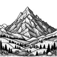 hand- getrokken berg en boom kleur boek illustratie. zwart en wit berg schets illustratie vector
