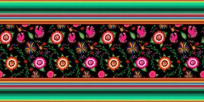 naadloos Mexicaans bloemenborduurpatroon, kleurrijke inheemse bloemen volksmodevormgeving. geborduurde traditionele textielstijl van mexico, gestreepte kleuren, vector geïsoleerd op zwarte achtergrond