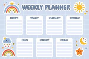 wekelijks ontwerper voor kinderen. afdrukbare school- rooster. kinderen schema ontwerp sjabloon. terug naar school- planner. schattig ontwerper voor kinderen dagelijks routine- bijhouden met regenbogen, sterren in schattig tekenfilm stijl. vector