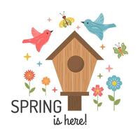 voorjaar is hier, vector vogelhuisje, vogel, vlinder, bloemen illustratie. voorjaar tuin illustratie voor kaarten, affiches, tags geïsoleerd Aan wit. kleurrijk illustratie in tekenfilm hand- getrokken stijl.