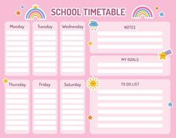 school- rooster, afdrukbare wekelijks ontwerper voor kinderen. lessen, klasse planning, notities, doelen, naar Doen lijst. kinderen schema ontwerp sjabloon. roze wekelijks ontwerper voor meisje met regenboog, ster. terug naar school. vector