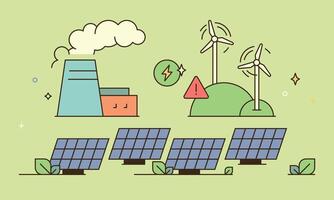 groen energie en duurzame elektrisch macht bronnen, windmolens, turbines, zonne- panelen, alternatief hernieuwbaar elektriciteit van wind schets gemakkelijk vector illustratie.