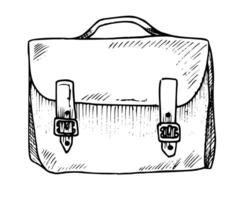 retro leer tas. vector hand- geschilderd illustratie van wijnoogst handtas voor postbode of ieder bedrijf Aan geïsoleerd achtergrond. tekening van oud school- knapzak. schetsen van bagage voor reizen