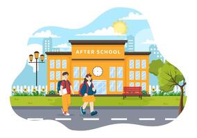 na school- vector illustratie met studenten vertrekken school- gebouw na klasse of programma en terug naar huis in vlak tekenfilm achtergrond