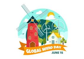 globaal wind dag vector illustratie Aan juni 15 met aarde wereldbol en winden turbines voor macht en energie systemen Aan blauw lucht in vlak tekenfilm achtergrond