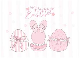 schattig roze coquette Pasen konijn en eieren tekenfilm banier, zoet retro gelukkig Pasen voorjaar dier hand- tekening. vector