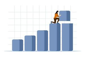 concept van toenemend investering winst, toenemend bbp of bedrijf prestatie groei, geslaagd zakenman staand Aan een bar diagram stapelen een groot bedrag van winsten Aan top van de bar grafiek. vector