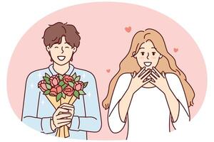 romantisch Mens Holding bloemen en gelukkig vrouw verheugd met geschenk van vriend. vector beeld