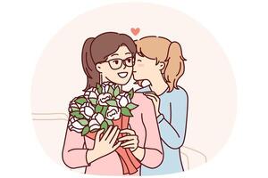 liefhebbend tiener- meisje geeft bloemen naar mam Aan vooravond van achtste van maart of moeder dag. vector beeld