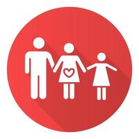 gezinsplanning rode platte ontwerp lange schaduw glyph pictogram. man en vrouw die kind opvoeden. liefhebbende moeder en vader met gelukkige dochter. kind met ouders. vector silhouet illustratie