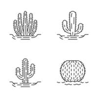 wilde cactussen in grond lineaire pictogrammen instellen. vetplanten. stekelige planten. vatcactus, saguaro, Mexicaanse reus, orgelpijpcactus. dunne lijn contour symbolen. geïsoleerde vector overzicht pictogrammen. bewerkbare streek