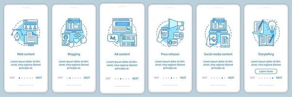 bloggen bedrijf onboarding mobiele app pagina scherm vector sjabloon. smm cursussen. doorloop website stappen. promotie strategie. contentplan voor sociale media. ux, ui, gui smartphone-interfaceconcept