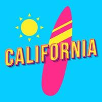 Californië vintage 3D-vector belettering. retro vet lettertype, lettertype. popart gestileerde tekst. brieven in oude schoolstijl. 90s, 80s poster, banner typografieontwerp. azuurblauwe kleur achtergrond met surfplank vector