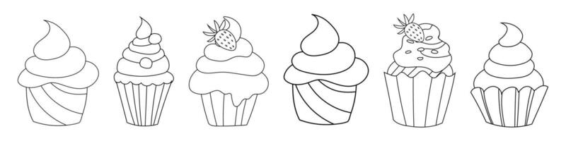 reeks van schattig tekening taarten, cupcakes in zwart en wit, vector illustratie, zoet tafel, room muffins voor vakantie, verjaardag en bruiloften, decoratie van vakantie uitnodigingen.