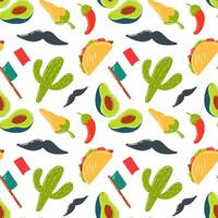 Mexicaans voedsel, achtergrond met Mexicaans motieven, tradities en Mexicaans voedsel. Mexicaans patroon, naadloos avocado patroon, vlag, cactus, peper Chili, taco's en snor. vector