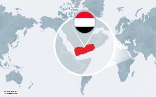 wereld kaart gecentreerd Aan Amerika met uitvergroot Jemen. vector