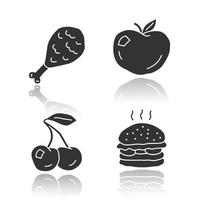 gezonde en schadelijke voeding glanzende pictogrammen instellen. junkfood en biologische snacks silhouet symbolen. kippenpoot, rijpe appel, kers en hamburger vector geïsoleerde illustratie. natuurlijk en ongezond eten