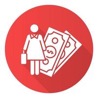 vrouwelijke economische rode platte ontwerp lange schaduw glyph pictogram. vrouwenrechten, gendergelijkheid. vrouwelijke financiële carrière. succesvolle zakenvrouw. feminisme, democratie. vector silhouet illustratie