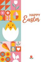 lay-out feestelijk kaart of poster, banier, Hoes voor gelukkig Pasen met tekst. modieus ontwerp met meetkundig vormen. pictogrammen met eieren, konijn, bloemen, kip. bauhaus stijl. vector