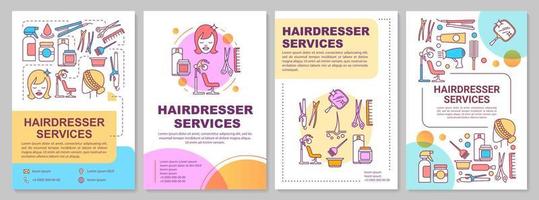 kapper diensten brochure sjabloon lay-out. kapsalon flyer, boekje, folder print ontwerp met lineaire illustraties. vectorpaginalay-outs voor tijdschriften, jaarverslagen, reclameposters vector