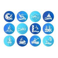 watersport platte ontwerp lange schaduw glyph pictogrammen instellen. grotduiken, kiteboarden, flyboarden en jetskiën. klif springen en paddle-surfen. extreme sporten. vector silhouet illustratie