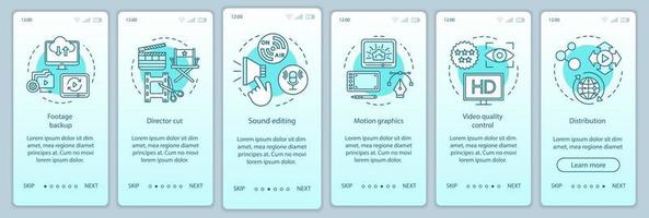 videoproductie onboarding mobiele app paginascherm vectorsjabloon. proces voor het maken van films. film industrie. walkthrough website stappen met lineaire illustraties. ux, ui, gui smartphone-interfaceconcept vector