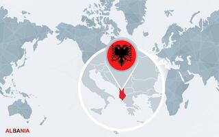 wereld kaart gecentreerd Aan Amerika met uitvergroot albanië. vector