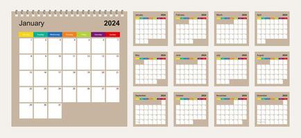 kalender 2024 kleurrijk ontwerp, reeks van 12 vector muur ontwerper kalender Pagina's Aan beige achtergrond. week begint Aan maandag.