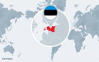 wereld kaart gecentreerd Aan Amerika met uitvergroot Estland. vector