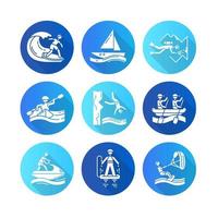 watersport platte ontwerp lange schaduw glyph pictogrammen instellen. grotduiken, surfen, flyboarden en zeilen. klifduiken, kajakken en windsurfen. extreme soorten sports.vector silhouetillustratie vector