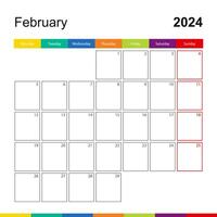 februari 2024 kleurrijk muur kalender, week begint Aan maandag. vector