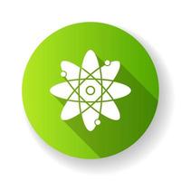 molecuul atoom groen plat ontwerp lange schaduw glyph pictogram. kernenergiebron. atoomkern met elektronenbanen. wetenschap symbool. model van deeltje. organische chemie. vector silhouet illustratie