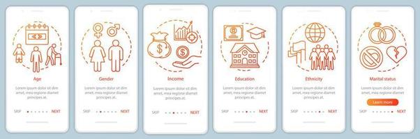 demografie oranje verloop onboarding mobiele app pagina scherm vector sjabloon. persoonlijkheidsbeoordeling walkthrough websitestappen met lineaire illustraties. ux, ui, gui smartphone-interfaceconcept
