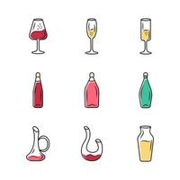 wijnmakerij glaswerk pictogrammen instellen. verschillende soorten wijn. karaffen, flessen, glazen. aperitiefdranken, cocktails, alcoholische dranken. feest, bar, restaurantservies. geïsoleerde vectorillustraties vector