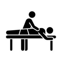 massage glyph-pictogram. diensten van het spacentrum. medische ingreep. verlichting van rugpijn. gezondheidszorg. fysieke behandeling. blessure genezing. silhouet symbool. negatieve ruimte. vector geïsoleerde illustratie