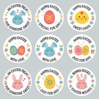 ronde Pasen stickers met konijn, kip, ei. gelukkig Pasen etiketten, tags voor geschenk verpakking, traktaties, ansichtkaart, poster, geschenk label, uitnodiging. konijn kusjes Pasen wensen, sommige konijn liefdes jij. vector