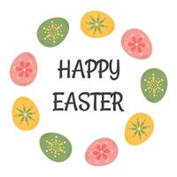 gelukkig Pasen label, insigne met krans van eieren, Pasen vakantie geschilderd ei symbool. ronde sticker, bloemen kader voor cadeaus pakket, groet kaarten, uitnodiging. vector