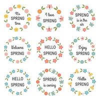 Hallo voorjaar verzameling van ronde stickers met bloemen botanisch lijsten, bloemen. voorjaar belettering. gelukkig voorjaar humeur etiketten. vector illustratie voor ansichtkaart, poster, geschenk label, uitnodiging.