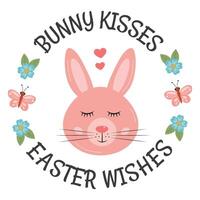 konijn kusjes Pasen wensen. schattig gelukkig Pasen kaarten, ronde sticker met schattig roze konijn in liefde. schattig grappig ronde sticker, geschenk label voor geschenk verpakking, kinderen, vrienden, familie. Pasen vakantie label. vector