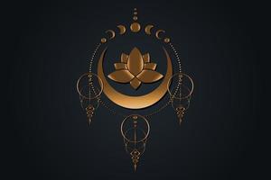 gouden lotusbloem en maan, heilige geometrie, halve maan heidense Wicca godin symbool. maanfasen oude gouden wicca banner teken, energie cirkel, boho stijl vector geïsoleerd op zwarte achtergrond