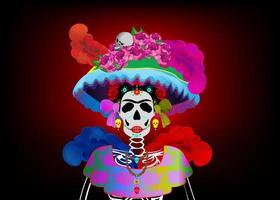 dag van de doden, dia de los muertos, suikerschedel, mexicaanse fiesta party, vrouw catrina calavera schedel in goudsbloem bloemen krans, vector isoalted op donkerrode achtergrond