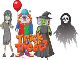 trick or treat-tekstontwerp met halloween-spookkarakters vector