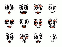 reeks van groovy grappig gezichten. tekenfilm karakter gezichten met verschillend emotie, Vrolijk, speels, grappig, schattig. vector illustratie